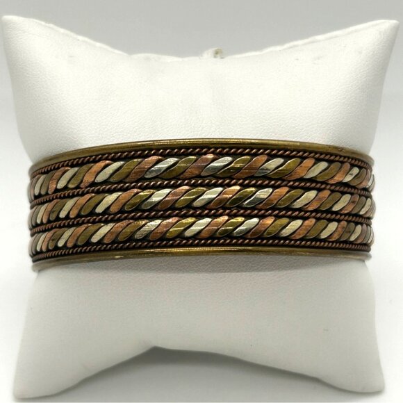 Vintage Jewelry - Vintage Adjustable Brass Copper & Silver-Tone Tricolor Cuff Bracelet 8" Unisex
